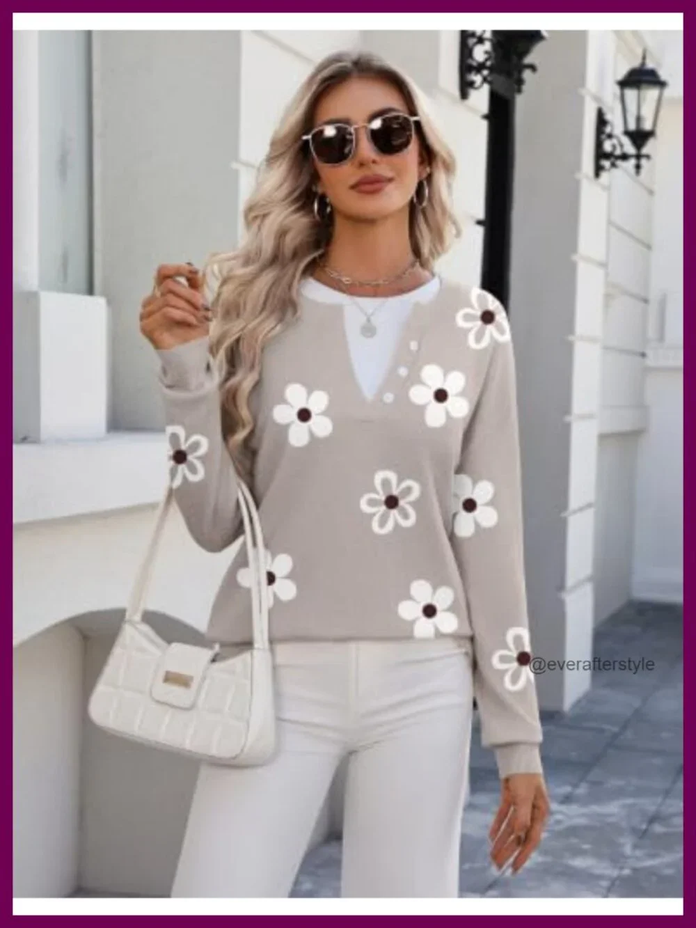 Long Sleeve Crew Neck Pullover Sweater with Contrast Collar Floral Knit